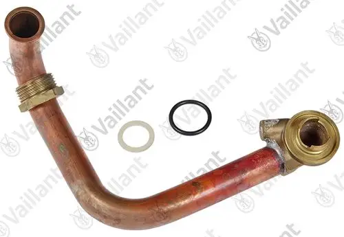 Kupferrohr von Vaillant mit zwei Anschlüssen, einem gewindeten Ende und einem gebogenen Abschnitt. Enthält zwei Dichtungen in Schwarz und Weiß.